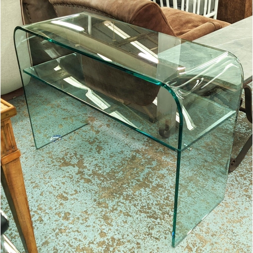 402 - CONSOLE TABLE, 40cm D x 103cm W x 76cm H, curved glass, with a shelf.