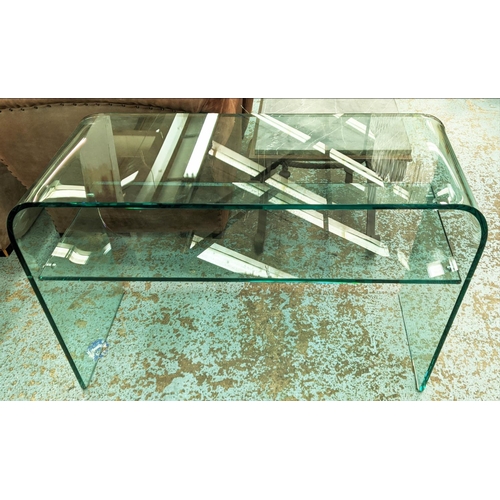 402 - CONSOLE TABLE, 40cm D x 103cm W x 76cm H, curved glass, with a shelf.