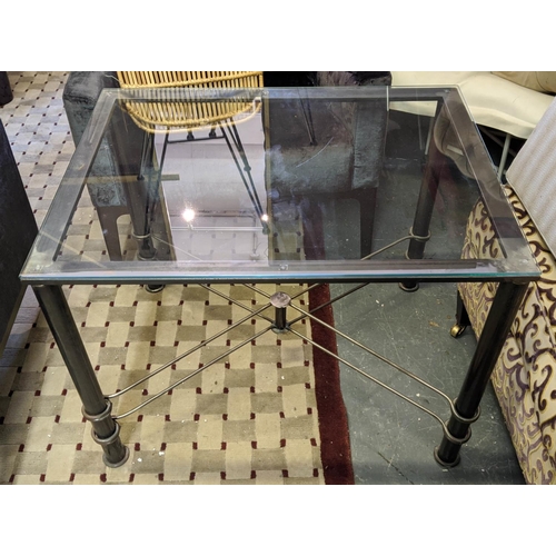 406 - SIDE TABLE, 60cm D x 80cm W x 62cm H, glass top, metal supports.