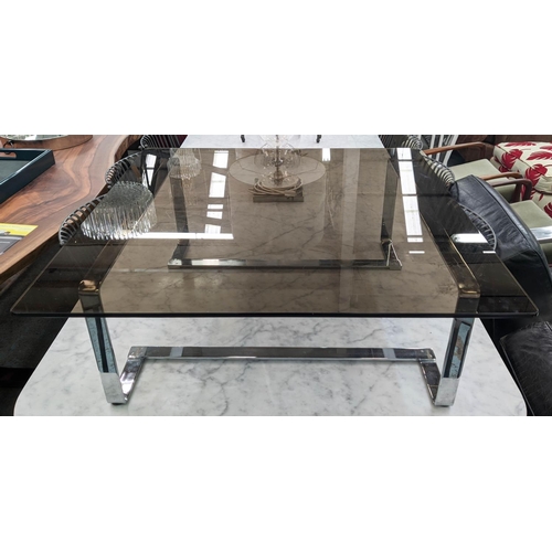 419 - LOW TABLE, 90cm W x 90cm D x 32cm H, 1970s Italian style, smoked glass and chrome.