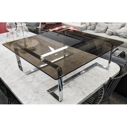 419 - LOW TABLE, 90cm W x 90cm D x 32cm H, 1970s Italian style, smoked glass and chrome.