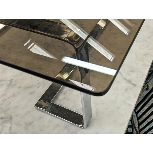 419 - LOW TABLE, 90cm W x 90cm D x 32cm H, 1970s Italian style, smoked glass and chrome.