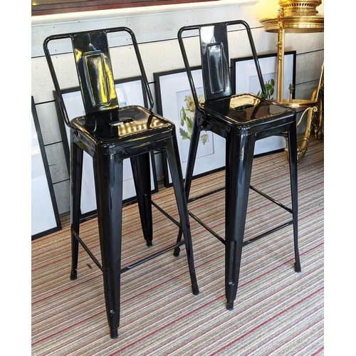 420 - BAR STOOLS, a set of four,  each 107cm H x 31cm W, black painted metal. (4)