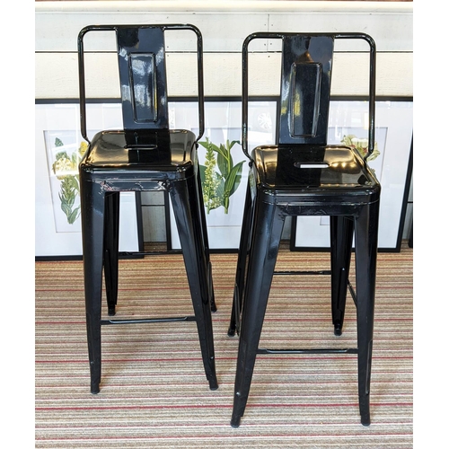 420 - BAR STOOLS, a set of four,  each 107cm H x 31cm W, black painted metal. (4)