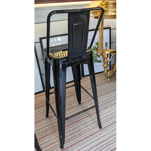 420 - BAR STOOLS, a set of four,  each 107cm H x 31cm W, black painted metal. (4)