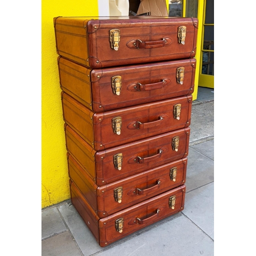 421 - CHEST OF DRAWERS, a pair, leathered finish, six drawers to each, 53cm x 41cm x 107cm.