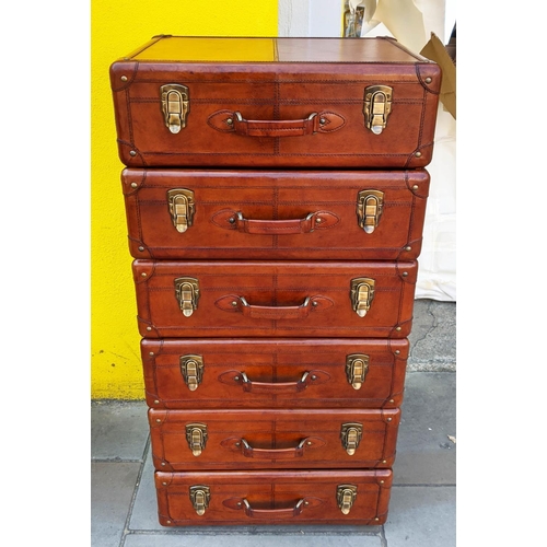 421 - CHEST OF DRAWERS, a pair, leathered finish, six drawers to each, 53cm x 41cm x 107cm.