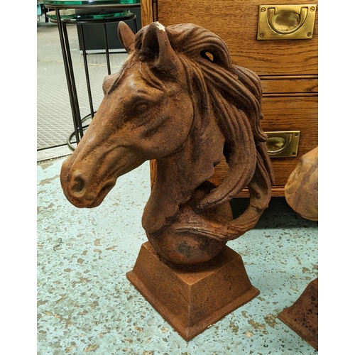 422 - SCULPTURAL STALLION BUSTS, a pair, oxidised metal, 46cm H.