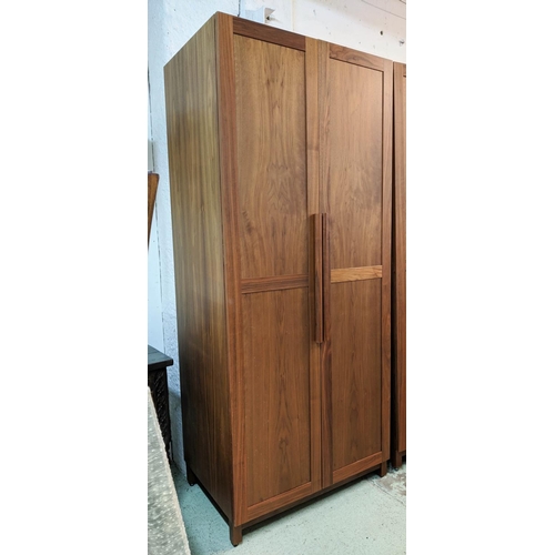 444 - WARDROBE, contemporary design walnut, 90cm W x 62cm D x 212cm H, two door, enclosing chrome hanging ... 