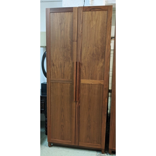 444 - WARDROBE, contemporary design walnut, 90cm W x 62cm D x 212cm H, two door, enclosing chrome hanging ... 