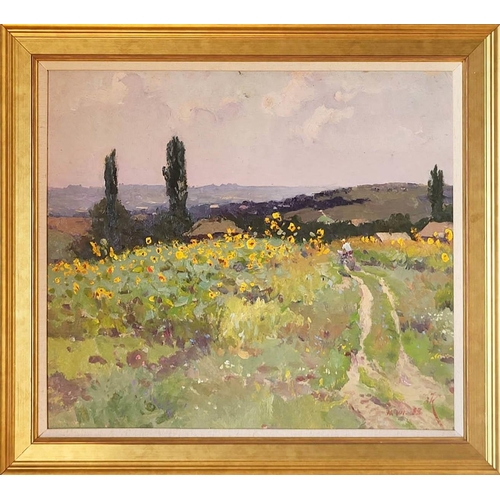 476 - VICTOR KOSHEVOI (1924-2006, Ukrainian), 'Sunflowers field' 1983, oil on board, 43cm x 50cm.