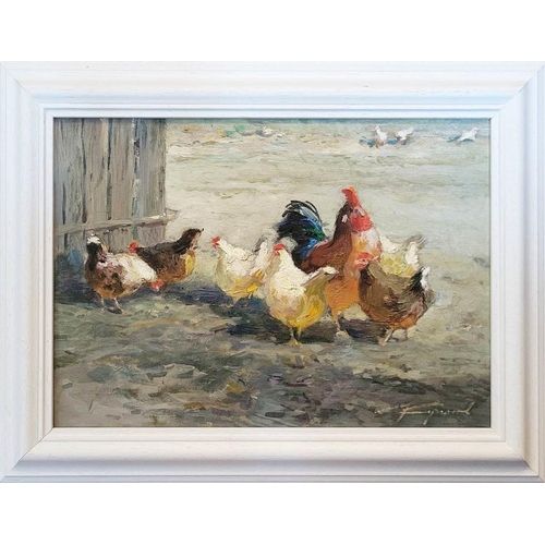 485 - YURI KUCHINOV (born in 1951) 'Chickens', oil on canvas, 25cm x 35cm.