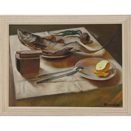 487 - VLADIMIR BURDIN (born in 1960) 'Still life with bread and lemon' 2003, oil on canvas, 63.5cm x 86cm.