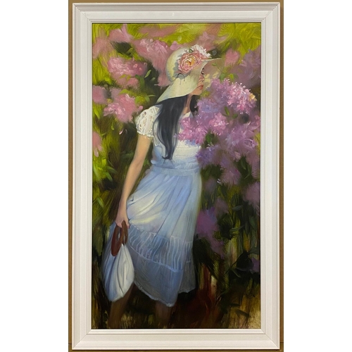 489 - MARIA BOOHTIYAROVA (born i 1975, Ukrainian), 'Among the Flowers', oil on canvas, 89.5cm x 49.5cm.