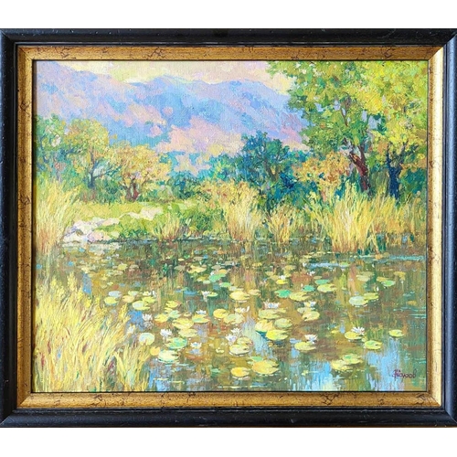 493 - MIKHAIL ZHAROV (born in 1974, Ukrainian), 'Lily pond' 1960, oil on canvas, 50cm x 60cm.