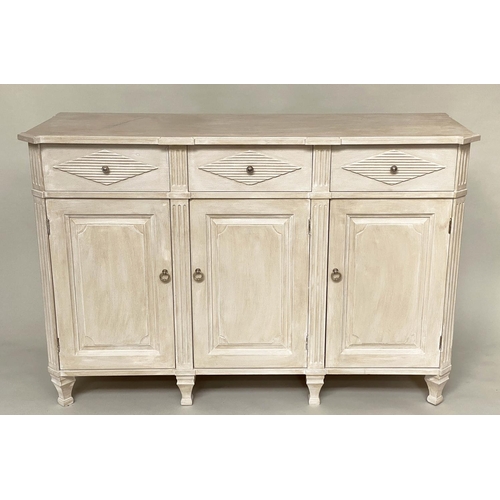 100 - SIDE CABINET, Swedish Gustavian style grey painted with lozenge panels and fluted pilasters, three d... 