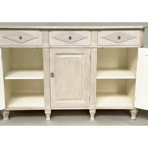 100 - SIDE CABINET, Swedish Gustavian style grey painted with lozenge panels and fluted pilasters, three d... 