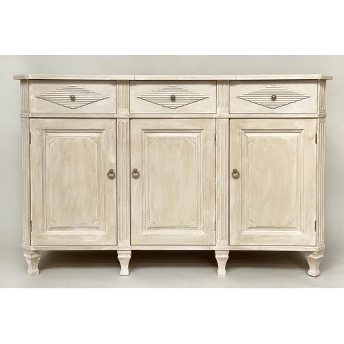 100 - SIDE CABINET, Swedish Gustavian style grey painted with lozenge panels and fluted pilasters, three d... 