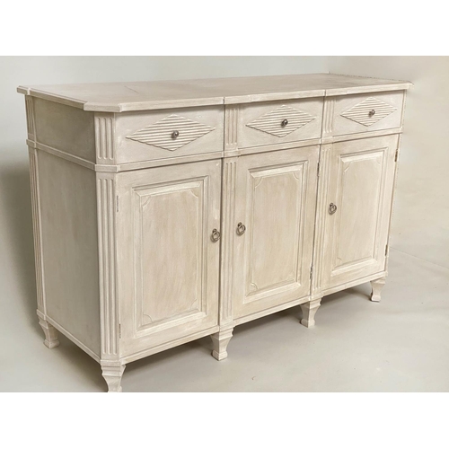 100 - SIDE CABINET, Swedish Gustavian style grey painted with lozenge panels and fluted pilasters, three d... 