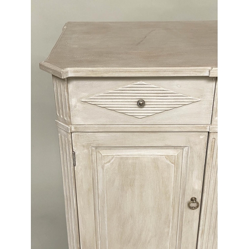 100 - SIDE CABINET, Swedish Gustavian style grey painted with lozenge panels and fluted pilasters, three d... 