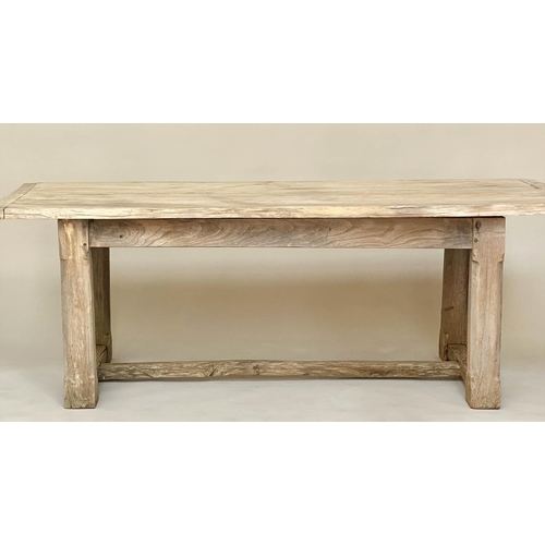 111 - FARMHOUSE DINING TABLE, rustic oak cleated and planked with substantial solid oak stretchered suppor... 