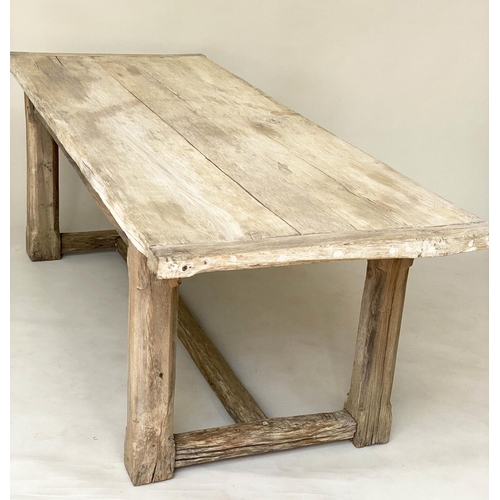 111 - FARMHOUSE DINING TABLE, rustic oak cleated and planked with substantial solid oak stretchered suppor... 
