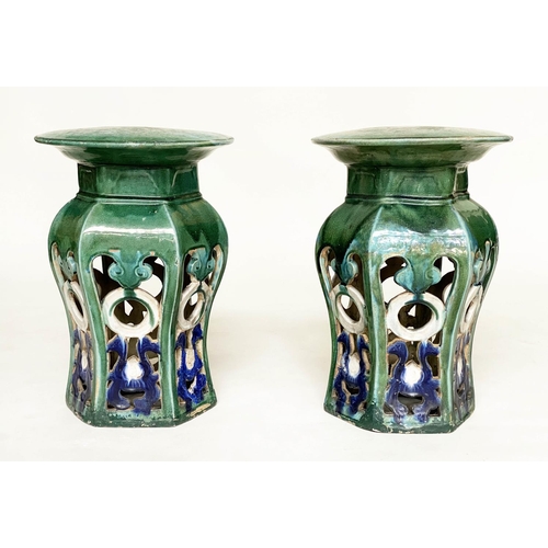118 - GARDEN STOOLS, a pair, Chinese style blue and green ceramic with hexagonal shaped pierced sides, 36c... 