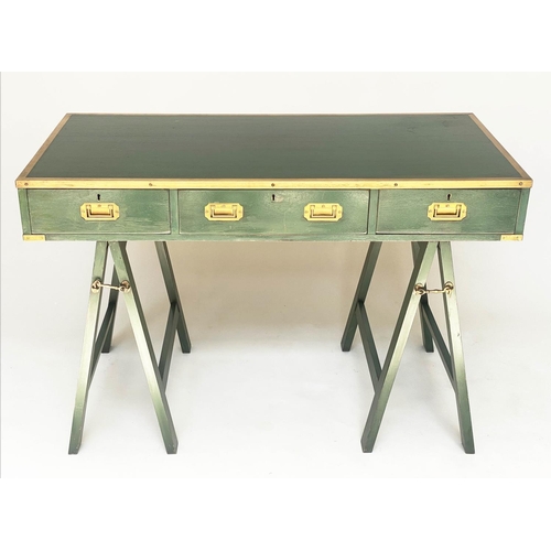 153 - CAMPAIGN DESK, campaign style green lacquered and brass bound with three frieze drawer and folding t... 