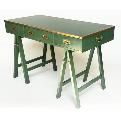 153 - CAMPAIGN DESK, campaign style green lacquered and brass bound with three frieze drawer and folding t... 