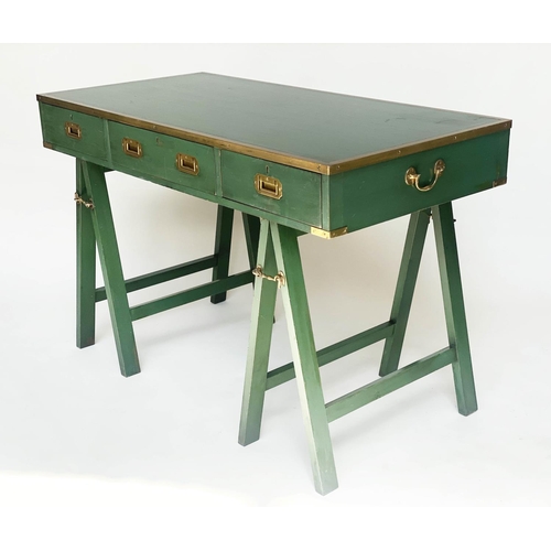 153 - CAMPAIGN DESK, campaign style green lacquered and brass bound with three frieze drawer and folding t... 