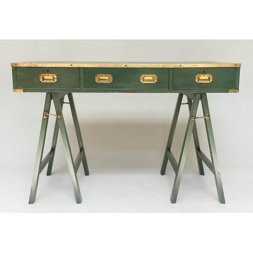 153 - CAMPAIGN DESK, campaign style green lacquered and brass bound with three frieze drawer and folding t... 