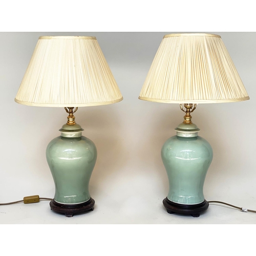 232 - TABLE LAMPS, a pair Chinese celadon ceramic ginger jar form, with silk pleated shades, 68cm H. (2)