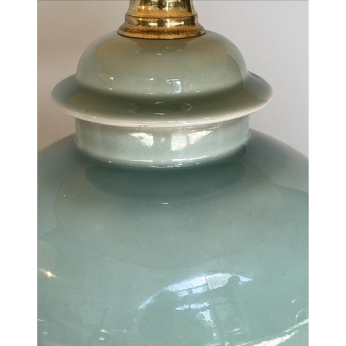 232 - TABLE LAMPS, a pair Chinese celadon ceramic ginger jar form, with silk pleated shades, 68cm H. (2)