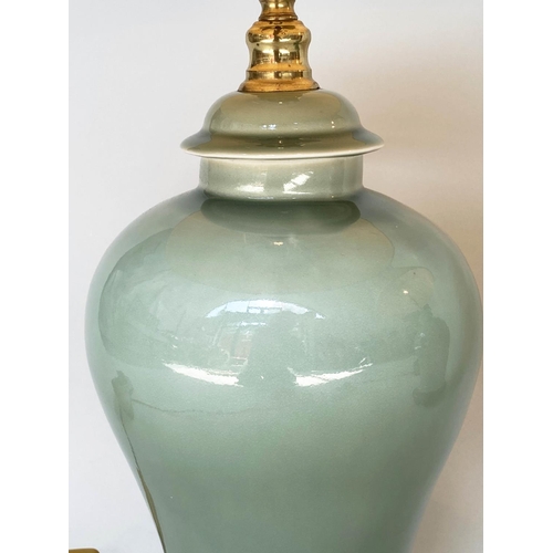 232 - TABLE LAMPS, a pair Chinese celadon ceramic ginger jar form, with silk pleated shades, 68cm H. (2)