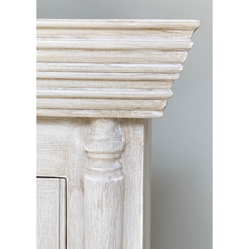 285 - ARMOIRE, French style traditionally grey painted with two panelled doors, enclosing hanging above a ... 