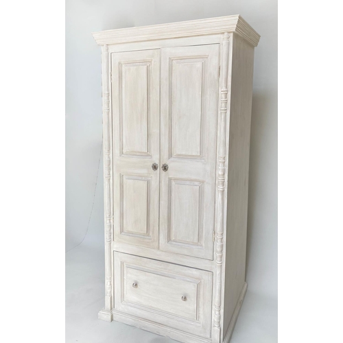 285 - ARMOIRE, French style traditionally grey painted with two panelled doors, enclosing hanging above a ... 