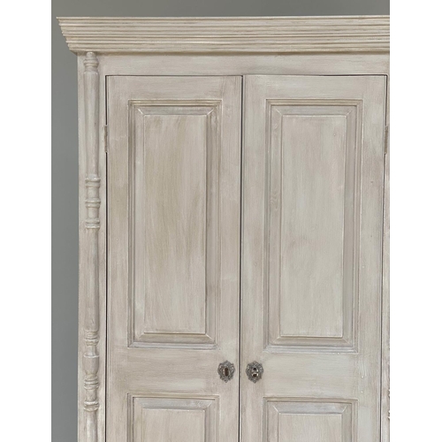 285 - ARMOIRE, French style traditionally grey painted with two panelled doors, enclosing hanging above a ... 