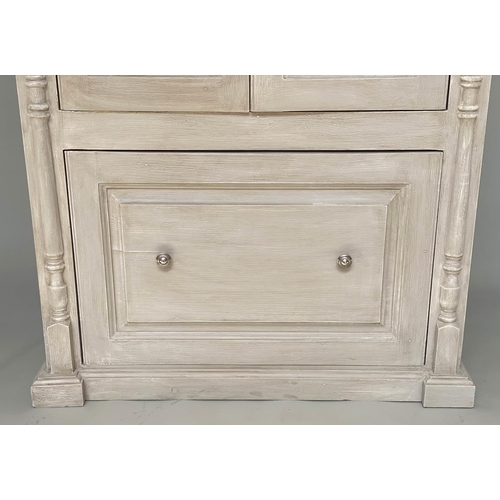 285 - ARMOIRE, French style traditionally grey painted with two panelled doors, enclosing hanging above a ... 