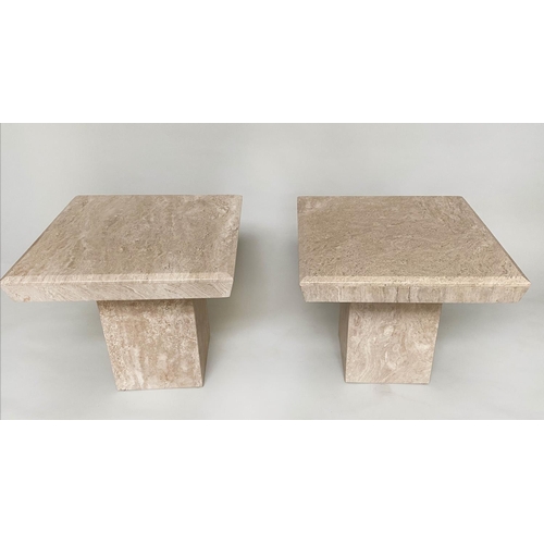 286 - TRAVERTINE LAMP TABLES, a pair, 1970's Italian marble each square with plinth bases, 60cm x 60cm x 5... 