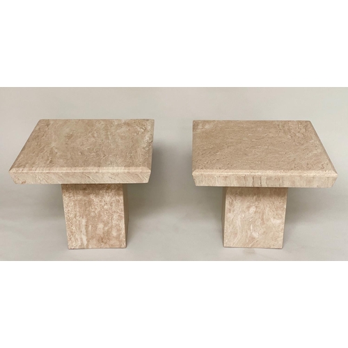 286 - TRAVERTINE LAMP TABLES, a pair, 1970's Italian marble each square with plinth bases, 60cm x 60cm x 5... 