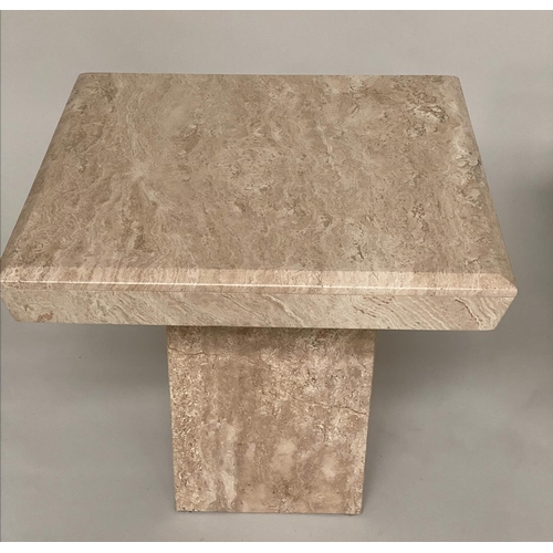 286 - TRAVERTINE LAMP TABLES, a pair, 1970's Italian marble each square with plinth bases, 60cm x 60cm x 5... 