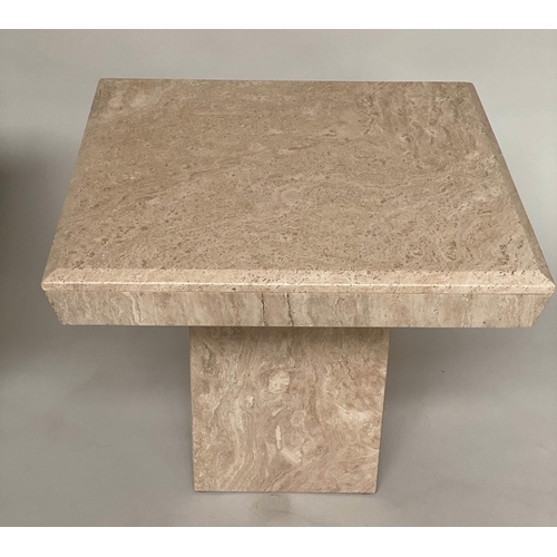 286 - TRAVERTINE LAMP TABLES, a pair, 1970's Italian marble each square with plinth bases, 60cm x 60cm x 5... 