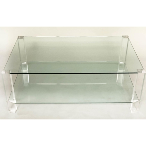 292 - LOW TABLE, contemporary rectangular with canted corner, two tier glass with lucite corner supports, ... 