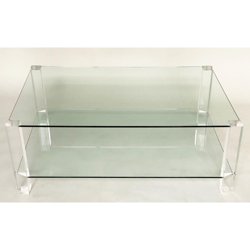 292 - LOW TABLE, contemporary rectangular with canted corner, two tier glass with lucite corner supports, ... 