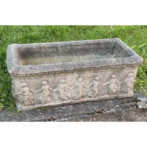 298 - GARDEN PLANTER, rectangular well weathered reconstituted stone with 'dancing figures' decoration, 74... 