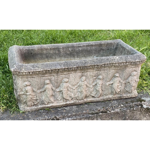 298 - GARDEN PLANTER, rectangular well weathered reconstituted stone with 'dancing figures' decoration, 74... 