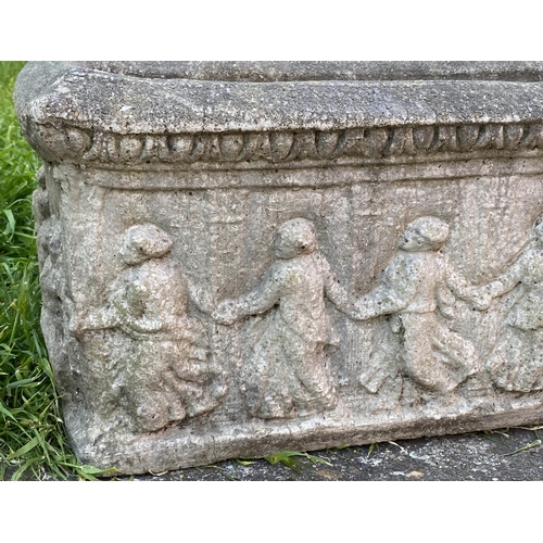 298 - GARDEN PLANTER, rectangular well weathered reconstituted stone with 'dancing figures' decoration, 74... 