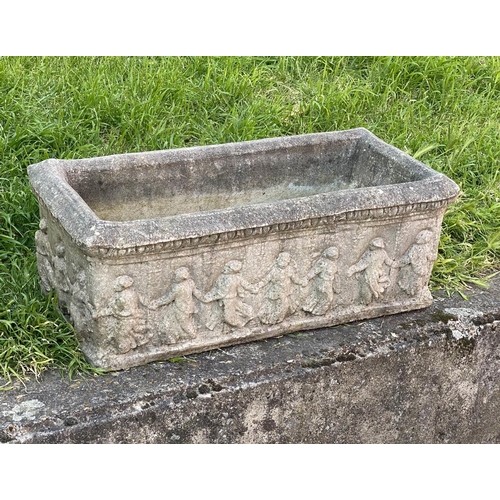 298 - GARDEN PLANTER, rectangular well weathered reconstituted stone with 'dancing figures' decoration, 74... 