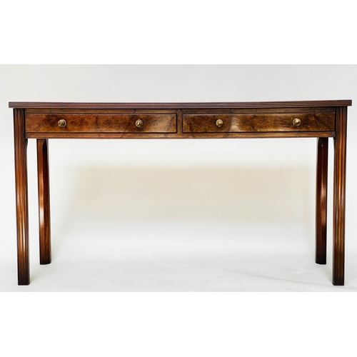 83 - HALL TABLE, George III design burr walnut and crossbanded with two frieze drawers, 140cm x 38cm x 76... 