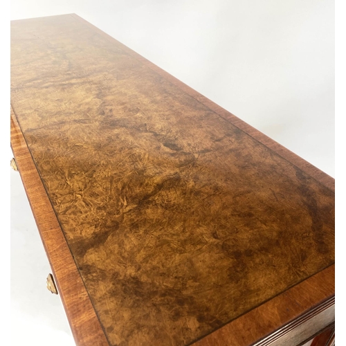 83 - HALL TABLE, George III design burr walnut and crossbanded with two frieze drawers, 140cm x 38cm x 76... 